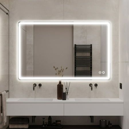 Introducing our elegantly designed 40'' x 32'' Rectangle LED Bathroom Mirror, a perfect blend of style and functionality. Crafted from shatterproof, safe tempered glass, this durable and sturdy mirror can be hung either horizontally or vertically, adding a touch of elegance to your space. It features a built-in LED inlay that offers three-tone lighting options - 3000k warm, 4500k natural, and 6500k white, illuminating your space with adjustable brightness for an even and flattering reflection. O Bathroom Makeup Mirror Ideas, Lighted Mirrors For Bathrooms, Light Up Bathroom Mirror, Bathroom Mirror Led, Bathroom Mirror Light, Makeup Studios, Bathroom Mirror With Lights, Light Up Mirror, Bathroom 2024