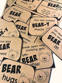 Bear pun printable tags @michellepaigeblogs.com Bear Sayings Cute, Bear Sayings, College Care Package Ideas, Bear Puns, Graham Cookies, Care Package Ideas, Teddy Bear Hug, Cinnamon Bears, Teddy Grahams