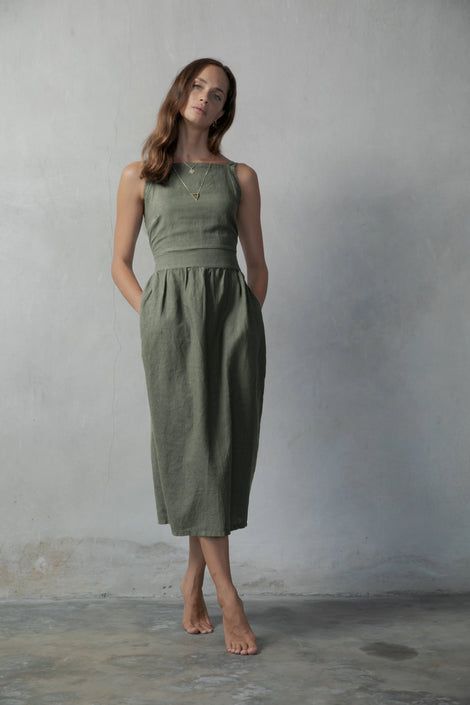 Farfalla Linen Midi Dress Khaki Linen Wrap Dress, Grey Midi Dress, Linen Midi Dress, Summer Linen, Straight Neckline, Tie Bow, Khaki Dress, Luxury Linen, Mixing Fabrics