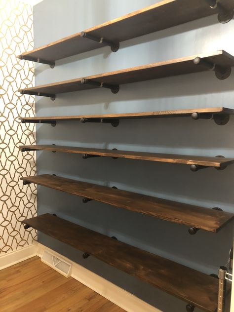 Pipe Pantry Shelves, Industrial Shelving Pantry, Industrial Wall Shelving, Iron Rod Shelves, Floating Shelves Clothes, Industrial Pantry Shelves, Shelves With Pipes Industrial Style, Floating Pipe Shelves, Narrow Shelving Ideas