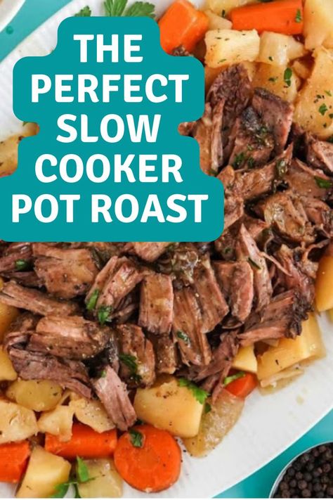 2-3 pound chuck roast⁠ 1 1/2 teaspoons salt⁠ 1/2 teaspoon black pepper⁠ 1 teaspoon garlic powder⁠ 1 teaspoon paprika⁠ 1/2 teaspoon dried thyme⁠ 1 teaspoon dried rosemary⁠ 2 tablespoons olive oil⁠ 1 large yellow onion cut into large pieces⁠ 2 pounds russet potatoes peeled and cut into 2-inch chunks⁠ 1 pound carrots peeled and cut into 2-inch pieces⁠ 2 cloves garlic minced⁠ 2 cups beef broth or stock⁠ 2 tablespoons cornstarch⁠ 2 tablespoons water⁠ Fresh minced parsley⁠ ⁠ Slow Cook Pot Roast, Slow Cook Roast, Slow Cooker Pot Roast Recipes, Slow Cooker Pot Roast, Roasted Potatoes And Carrots, Pot Roast Crock Pot Recipes, Easy Pot Roast, Slow Cooker Roast Beef, Cooking Roast Beef