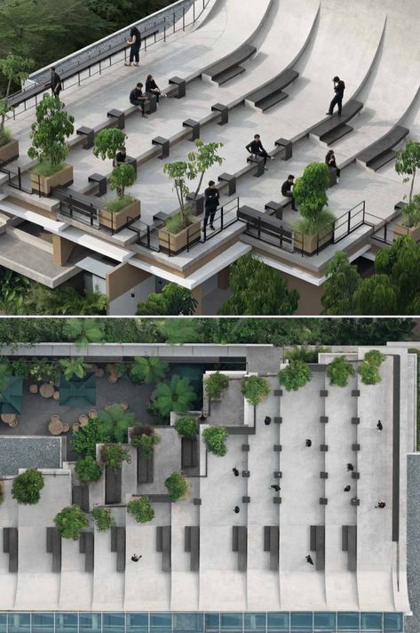 This Building With A Split Roof Makes Space For A Rooftop Park Inclined Roof Architecture, Ramp Roof Architecture, Rooftop Addition Architecture, Stadium Roof Design, Public Rooftop, Ramps Architecture, Roof Skylight, Skylight Design, Rooftop Design