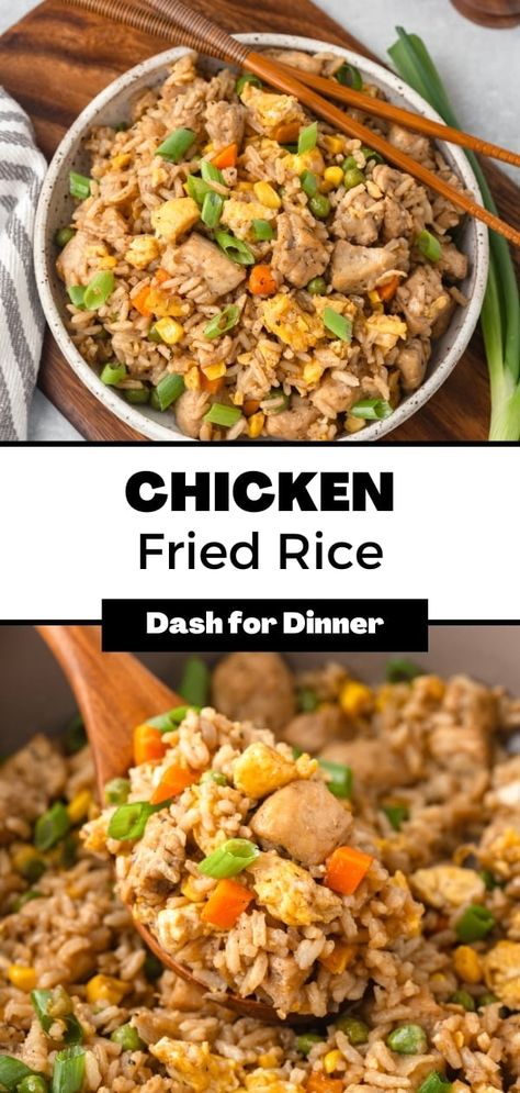 When it comes to easy dinner recipes, it doesn't get any easier than this chicken fried rice! Made with simple ingredients and leftovers (rice and chicken), this skillet recipe is a weeknight dinner staple! Inspired by Benihana, this chicken fried rice features a special ingredient. You'll never guess what it is! Fried Rice Dinner Recipes, Quick Chicken Fried Rice, Chicken Bites With Rice, Rice And Chicken Skillet Dinners, Chicken And Broccoli Fried Rice, Stuff To Make With Chicken, Fried Rice With Chicken Recipes, Benihana Chicken Fried Rice, Easy Fried Rice Chicken