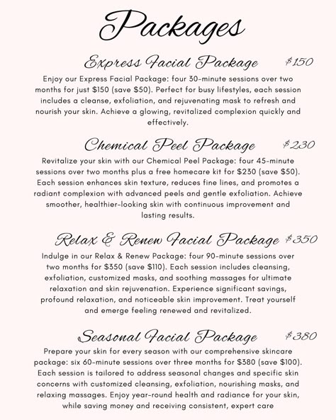 So excited to finally announce the opening of my salon suite this Friday! This will be my service menu, all new clients will receive 35% off discount on any service! Any questions please DM 😊 - - - - - - - #esthetician #skin #skincare #dallas #dfw #facial #wax #explore #explorepage✨ #salon Esthetician Must Know, Esthetician Sales Ideas, Esthetician Room Supplies List, Esthetician Service Menu Ideas, Spa Service Menu Ideas, Facial Menu Of Services, Facial Menu Ideas, Facial Service Menu Ideas, Esthetician Menu Of Services