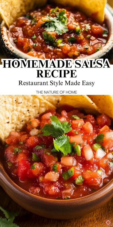 Discover the secret to perfect restaurant-style salsa! This homemade recipe is packed with fresh ingredients and bold flavors. Save this pin to make salsa so good, you’ll never order it out again. Chunky Salsa Recipe For Canning, Warm Salsa Recipe, Home Made Salsa Recipe, Seafood Salsa, Cooked Salsa Recipe, Diy Salsa, Salsa Recipe Fresh, Homemade Chunky Salsa, Home Made Salsa