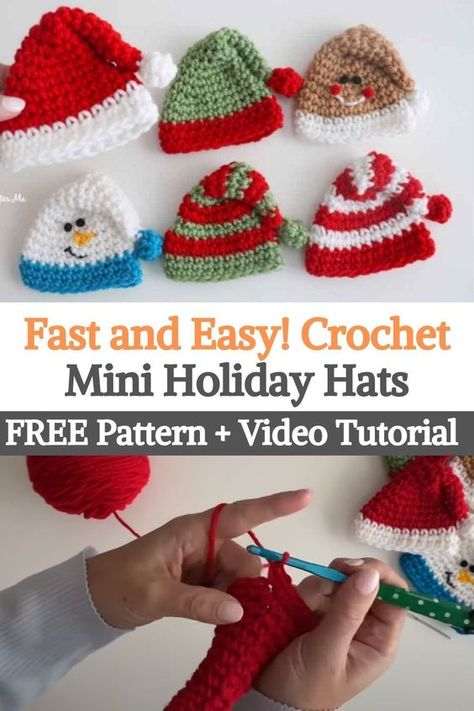 Here's a cute, quick vacation project that you can do in under 30 minutes! These mini Christmas hats can be crocheted in many different color combinations and you can even sew a face to create a gingerbread or snowman shaped version. We love candy cane stripes! Use them as ornaments, gift ornaments, gift card holders, tie them as crowns and also fit perfectly on Marshmallow mugs. Crochet Hat Ornaments, Marshmallow Mug Hats Crochet Patterns, Crochet Marshmallow Mug Hat Pattern Free, Marshmallow Coffee, Xmas Crochet, Marshmallow Crafts, Crochet Santa Hat, Marshmallow Mugs, Crochet Christmas Hats