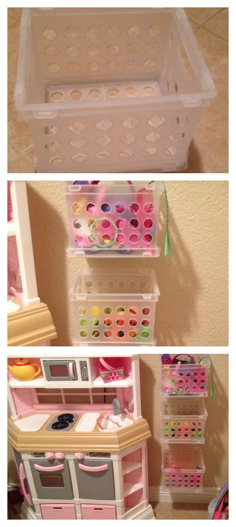 I got little crates from the 99cent store and made this for Jaslyn's toys Diy Toy Storage, Girls Playroom, Toy Storage Organization, Organisation Hacks, Simple Toys, Playroom Organization, Kids Room Organization, Organization Kids, Toy Rooms