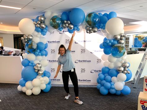 Step & Repeats - Custom Step and Repeat with Beautiful Organic Balloon Arch for Corporate Event - custom event design inspiration - Step & Repeat photo booth backgrounds with your logo or graphic for bar mitzvahs, bat mitzvahs, sweet 16's, corporate events...see our gallery Entrance Balloon Decoration, Blue And White Balloon Arch, Balloon Ceiling Decorations, Corporate Party Decorations, Simple Balloon Decoration, White Balloon Arch, Balloon Decorations Diy Tutorials, Balloon Decoration Ideas, Corporate Anniversary