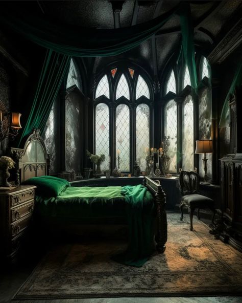 Slytherin Bedroom, Hogwarts Dorm, Hogwarts Bedroom, Dark Academia Bedroom Ideas, Slytherin Room, Bedroom Aesthetic Dark, Hogwarts Room, Dark Academia Bedroom, Shifting Script