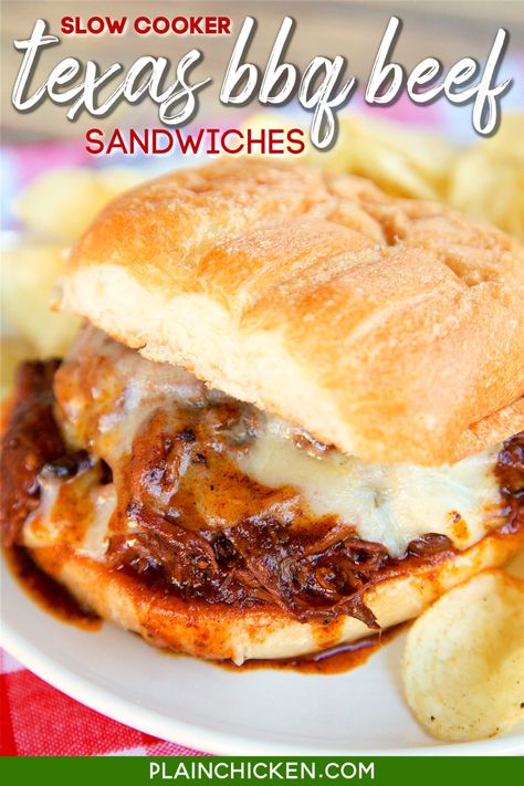 Slow Cooker Texas BBQ Beef Sandwiches - only 3 ingredients! Seriously delicious!! Serve beef on top of hamburger buns with a slice of cheese. Great for potlucks! We love this easy slow cooker beef recipe! Can freeze leftovers for a quick meal later! #slowcooker #crockpot #bbq #beef #chuckroast Hamburger Bun Meals, Slow Cooker Beef Recipe, Freeze Leftovers, Bbq Beef Sandwiches, Sauteed Onions, Beef Sandwiches, Slow Cooker Recipes Beef, Texas Bbq, Plain Chicken