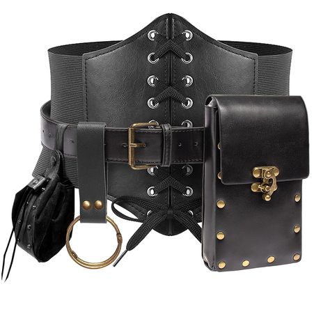 PRICES MAY VARY. -Enhance your Renaissance costume with our Belt Pouch Black/Brown, Corset Waistband + leather Strap Keyring + Coin Purse + Light Up Magic Cork Potion Bottle Set（Green/purple/red/pink led lights）. This set features a durable leather belt, an adjustable belt pouch, and two 200ml glass potion bottle/vials, perfect for Festival Medieval Dress Up，Steampunk Style，Pirate & Assassin play, LARP Ren Faire, Halloween or cosplay parties. -Stand out in the dark and add a touch of magic to yo Pirate Assassin, Medieval Festival Corset Belt, Potion Bottle Belt, Black Steampunk Corset Belt For Larp, Steampunk Fitted Corset Belt For Larp, Skirt Hike, Steampunk Leather Corset Belt For Cosplay, Medieval Halloween, Steampunk Medieval