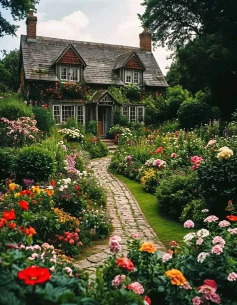 Big House With Garden, English Manor Garden, Flowers Outside House, Countryside Bungalow, Drayton House, Flower Garden House, House Full Of Plants, English Countryside Home, Fairytale House