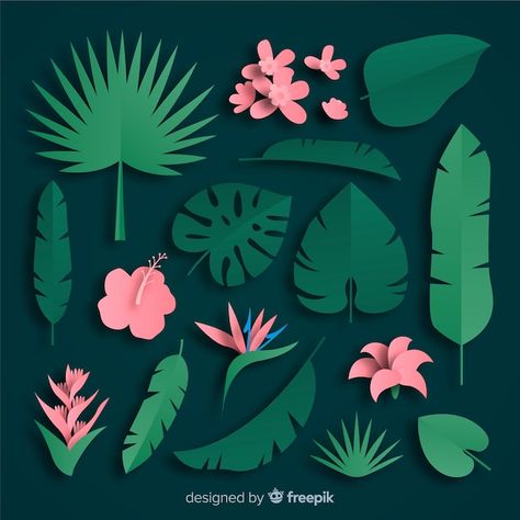 Free Vector | Flat tropical flowers and leaves Tropical Flowers Photography, Layered Paper Art Template Free, Flat Paper Flowers, Paper Tropical Leaves, Tropical Flowers Illustration, Tropical Leaves Illustration, Flower Cut Out, Paper Cutout Art, Leaves Illustration