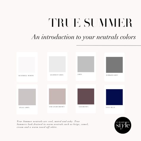 The True Summer Palette Guide for 2023 | Curate Your Style Curate Your Style True Summer, True Summer Dark Colors, True Summer Inspiration, True Summer Color Palette Clothes, Cool Summer Neutrals, Curate Your Style, True Summer Neutrals, True Summer Capsule Wardrobe, True Summer Color Palette Outfits