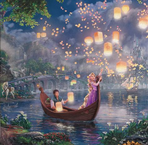 A gorgeously detailed canvas painting of the lantern scene from Tangled — you'll just fall in love with it when it combs. In fact, anyone who sees it in your home will too. Have fun picking out all the little details you'll inevitably miss on your first viewing! Tangled Painting, Traditional Fairy Tales, Kinkade Disney, Kinkade Paintings, Thomas Kinkade Disney, Deco Disney, Rapunzel And Flynn, Floating Lanterns, Disney Paintings