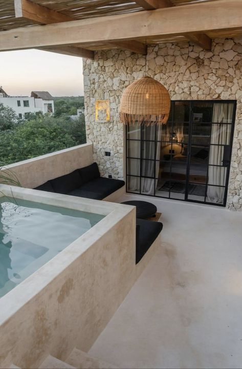 Roof terrace plunge pool. #Roofterrace #plungepool #exterior #minimalism #design #monochrome #masseria #lamia #lighting #puglia #lifestyle #architecture #style #stonework Outdoor Jacuzzi, Kleiner Pool Design, Minimalism Design, Mexico House, Small Pool Design, Small Pools, Patio Interior, Backyard Pool Designs, Small Pool