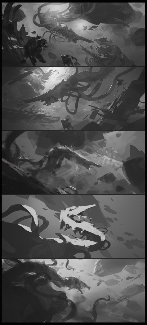 Key Frame Concept Art, Key Art Illustration, Grayscale Painting, Stylized Texture, Value Painting, Environment Painting, Key Frame, Background Drawing, Thumbnail Design