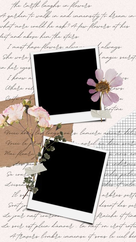 Instagram story template with flower scrapbook spring aesthetic Text is about flowers / gardens, and template has space for 2 photos! Story Layout Instagram Aesthetic, Aesthetic Layout For Instagram Story, Photo Layout Design Instagram Story Idea, Instagram Photo Frame Aesthetic, Story Template Instagram Background, Frame Edit Aesthetic Template, Ig Story Background Aesthetic, 2 Photo Collage Template, Aesthetic Collage Template