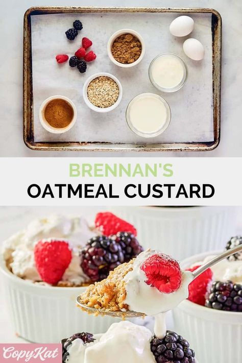 Recreate the magic of Brennan's Oatmeal Custard with this easy copycat recipe! This heartwarming breakfast custard with oats is baked to perfection to start your morning with a smile. Served with a vibrant medley of fresh berries and a dollop of whipped cream, this dish is a harmonious balance of nutrition and indulgence. Oatmeal custard is perfect for a leisurely brunch or an energizing breakfast. Custard Oatmeal, Oatmeal Custard, Breakfast Custard, Energizing Breakfast, Custard Recipes, Vanilla Whipped Cream, Copykat Recipes, The Best Breakfast, Copycat Recipe