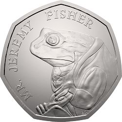 The 2017 Mr. Jeremy Fisher 50p coin has been issued to celebrate one of Beatrix Potter's most loved children's tales, 'The tale of Mr. Jeremy Fisher'. This is the first UK coin to feature Mr. Jeremy Fisher and is part of the second series of 50ps which proved to be extremely popular with coin collectors in 2016. Designed by Emma Noble, the coin features Mr. Jeremy Fisher in his famous waterproof mackintosh. Rare British Coins, Rare 50p, Jeremy Fisher, English Coins, Coin Dealers, 50p Coin, Mint Coins, Valuable Coins, Coin Shop