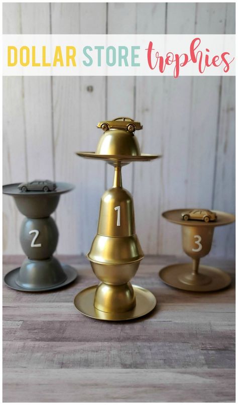 Dollar store trophies add a little fun to any competition!  They are easy and inexpensive to make and versatile for any activity you host. Friends Retreat, Homemade Trophies, Funny Trophies, Diy Trophy, Trophy Ideas, Skipping Stones, Glue Craft, Award Ideas, Pinewood Derby