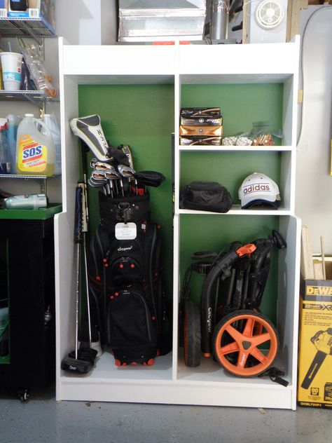 Golf Equipment Storage Locker - Handmade From 3/4 Plywood. Approximate Dimensions 65" (H) x 42" (W) x 19" (L). Golf Closet Ideas, Golf Storage In Utility Room, Golf Storage Ideas Diy, Garage Golf Storage, Golf Locker Diy, Golf Storage In Garage, How To Store Golf Clubs In Garage, Golf Club Storage Cabinet, Golf Organizer Garage