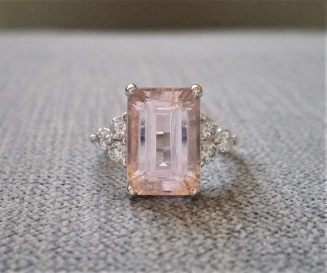 Etsy Pink Peach Morganite and Diamond Engagement Ring Emerald Cut Baguette Classic Gold timeless PenelliB Peach Morganite Ring, Engagement Ring Emerald Cut, Engagement Ring Emerald, Emerald Cut Diamond Engagement Ring, Ring Emerald Cut, Pink Diamond Ring, Pink Emerald, Vintage Engagement Rings Unique, Peach Morganite