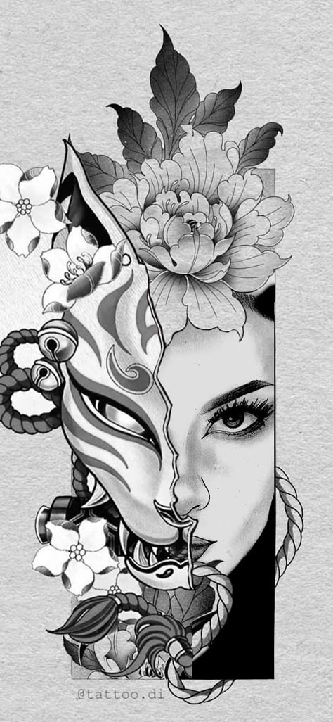 Female Oni Tattoo Design, Asian Tattoos Ideas, Geisha Mask Tattoo Design, Kitsune Geisha Tattoo, Female Oni Mask Tattoo, Asian Demon Tattoo, Geisha Oni Mask Tattoo, Geisha Kitsune Tattoo, Onna Musha Tattoo