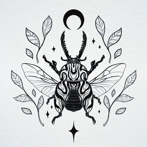 Trippy swirly beetle tattoo lineart design with little leaves around it Stag Beetle Tattoo Design, Bug Tattoo Flash Sheet, Flying Beetle Tattoo, Atlas Beetle Tattoo, Stag Beetle Illustration, Horned Beetle Tattoo, Cute Beetle Tattoo, Stag Beetle Art, Beetle Art Illustration