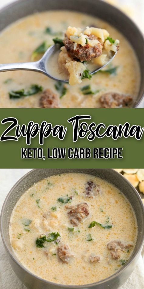 This Olive Garden Copycat Recipe gets a Low Carb Makeover!  Low, Carb Keto Zuppa Toscana Soup is made with all the deliciousness that you love with one exception – cauliflower instead of potatoes! Zuppa Toscana Soup Olive Garden Keto, Low Carb Zoupa Toscana, Chicken Vegetable Soup Low Carb, Zuppa Toscana Soup Low Calorie, Zappa Toscana Soup Keto, Zuppa Toscana Low Carb, Low Carb Zuppa Toscana Soup Crockpot, Best Keto Soups, Cauliflower Zuppa Toscana