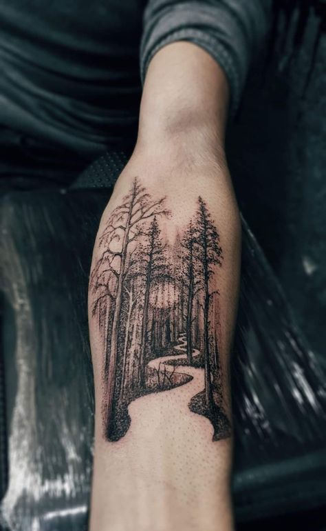 Dark Path Tattoo, Forest Trail Tattoo, Woods Tattoos For Men, Trail Runner Tattoo, Into The Woods Tattoo, Forest Floor Tattoo Sleeve, North Woods Tattoo, Forest Path Tattoo, Bush Tattoo Design