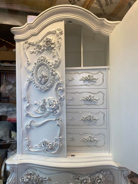 Armoire Master Bedroom Wood Armoire roses clothing Wardrobe vintage Solid Wood Armoire Carved Wood Furniture Shabby Chic White - Etsy Antique Armoire Wardrobe, Shabby Chic Closet, Bedroom Ideas For Two Sisters, Colour Schemes Bedroom, Bedrooms Colors, Bedroom Decor Styles, Carved Wood Furniture, Colorful Bedrooms, Royal Bedroom Design