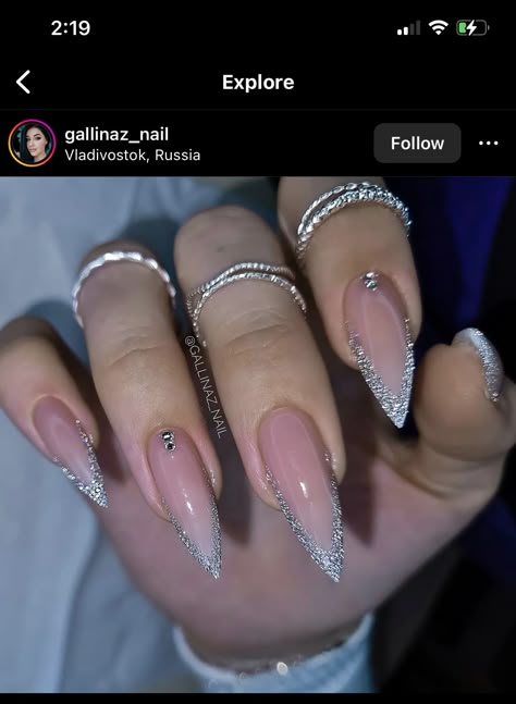 Silver Sparkle Nails, Acrylic Nails Almond Shape, Acrylic Nails Stiletto, Milky Nails, Fancy Nails Designs, Stiletto Nails Designs, Blush Nails, Sparkle Nails, Acrylic Nails Coffin Short