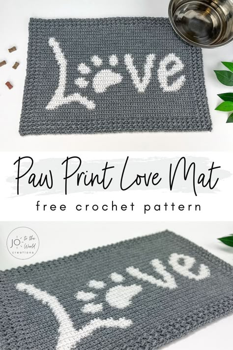 Crochet Paw Print Love Mat (Pet/Dog Bowl) Pattern - Free | Jo to the World Creations Crochet Pet Blanket Pattern Free, Crochet Dog Blankets Free Patterns, Dog Blanket Crochet, Crochet Dog Blanket, Crochet Paw Print, Paw Print Pillow, Paw Crochet, American Flag Blanket, Crochet For Pets