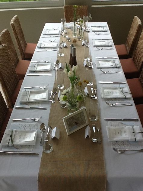 I like the idea of hessian table runners, maybe with a burnt orange runner over top or underneath for some colour Hessian Table Runner, Decoration Ideas, Burnt Orange, Table Runners, Table Settings, Orange, Quick Saves