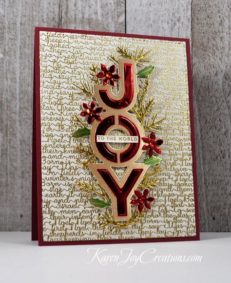 Cream, Gold, and Red Joy to the World Joy Christmas Cards Handmade, Joy Cards Christmas, Hand Made Christmas Cards, Season Of Green And Gold Cards, Spellbinders Joy Die Cards, Gold Leaf Christmas Cards, Gold Christmas Cards, Simon Says Stamp Season Of Joy, Spellbinders Christmas Cards