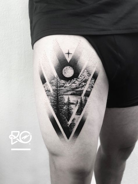 Tattoo Puntillismo, Tattoo Stockholm, Upper Leg Tattoos, Thigh Tattoo Men, Simple Forearm Tattoos, Forearm Band Tattoos, Hiking Tattoo, Forest Tattoos, Watch Tattoos