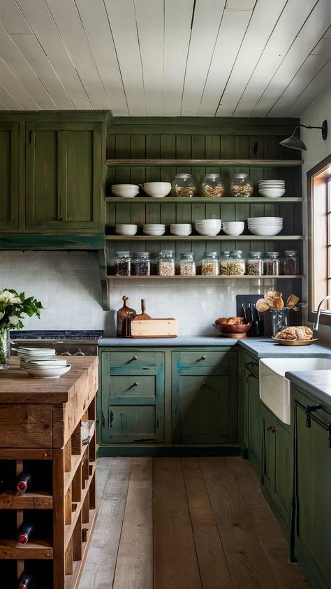 22 Serene Green Cottage Kitchen Ideas — Coastal Cottage by Celeste Kitchen Ideas Coastal, Farmhouse Kitchen Aesthetic, Sage Cabinets, Green Farmhouse Kitchen, Green Kitchen Countertops, Green Cottage Kitchen, Cape Kitchen, Cottage Kitchen Ideas, Green Countertops