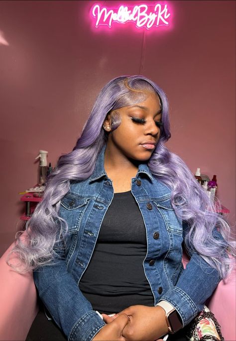 Platinum Purple Hair Silver Lavender, Icy Purple Hair, Junior Hairstyles, Icy Purple Blonde Hair, Platinum Purple Hair, Purple Lace Wig, Side Part Curls, Ash Purple Hair, Lavender Hair Ideas