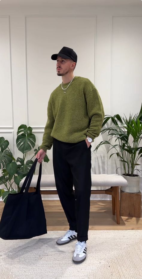 Mans Classic Outfit, Men’s Classy Street Wear, Khaki Trousers Outfit Winter, Mens Fashion Moodboard, Men Fashion Casual Outfits Winter, Black Male Outfits Casual, Minimalist Outfit Men Summer, Men V Neck Sweater Outfits, College Mens Outfits