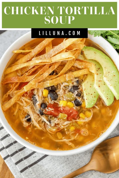 Enjoy the flavors of a taco in this easy chicken tortilla soup - prep in minutes and simmer all day for a comforting and easy dinner! #chickentortillasoup #tortillasoup #chickensoup #mexicansoup #soup Healthy Delicious Soups, Easy Chicken Tortilla Soup, Best Chicken Tortilla Soup, Healthy Chicken Tortilla Soup, Tortilla Soup Easy, Slow Cooker Chicken Tortilla Soup, Chicken Tortilla Soup Easy, Chicken Tortillas Soups Recipe, Tortilla Soup Recipe