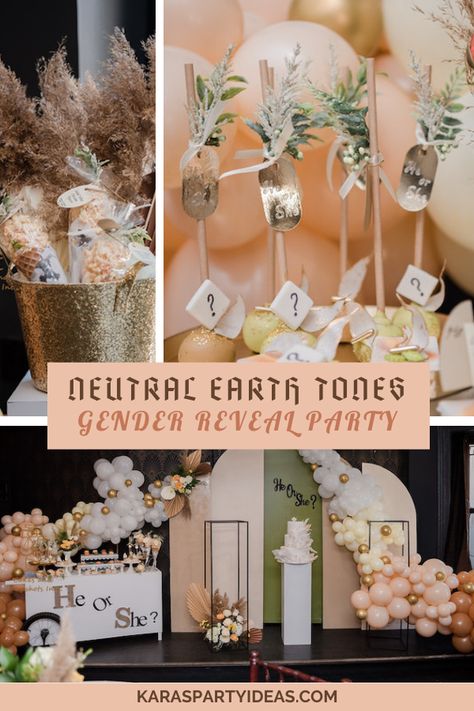 Neutral Earth Tones Gender Reveal Party via Kara's Party Ideas - KarasPartyIdeas.com Boujee Gender Reveal Party, Gender Reveal Ideas For Decoration, Neutral Gender Reveal Decorations, Gender Neutral Reveal Party, Neutral Color Gender Reveal Party, Gender Reveal Color Schemes, Neutral Gender Reveal Party Decorations, Décoration Gender Reveal, Earth Tone Baby Shower Ideas