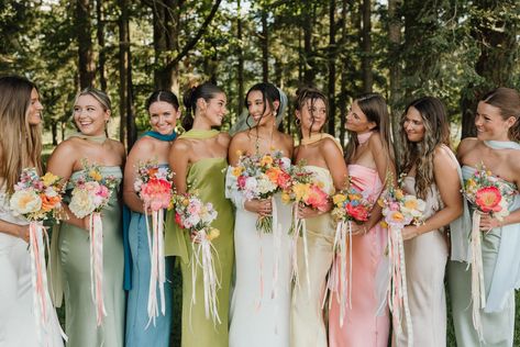 Rainbow Wedding Party Bridesmaid Dresses, Spring Satin Bridesmaid Dresses, English Garden Wedding Bridesmaid, Bridesmaid Dresses Color Palette Spring, Multi Color Spring Wedding, Bridesmaid Dresses Color Palette Summer, Summer Vineyard Wedding Colors, Bright Wedding Bridesmaid Dresses, Colorful Floral Wedding Bridesmaids