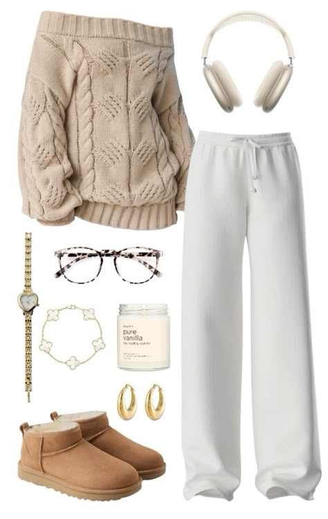 Vanilla girl fall and winter outfit idea🍂   Cute cozy fashion girly uggs linen brown beige white gold cold inspiration Winter Fashion Outfits Hoodie, Cold Lounge Outfit, White And Gold Outfits Casual, Neutral Aesthetic Clothing, Light Brown Uggs Outfit, Cozy Cold Day Outfit, Modest Girly Outfits Winter, Soft Neutral Aesthetic Outfits, Neutral Fits Aesthetic