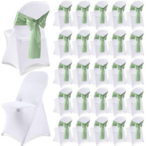 PRICES MAY VARY. What You Get: you will get 25 pieces of satin chair bow sashes and 25 pieces of stretch folding chair covers, sufficient quantity can meet your wedding decoration and replacement needs; The romantic sage chair sash matches with elegant white chair covers, and they will make your simple chairs more elegant, bringing you nice visual effect Quality Material: these covers for chair are made of 90% polyester and 10% spandex, strong and reliable, not easy to scratch or tear; The party