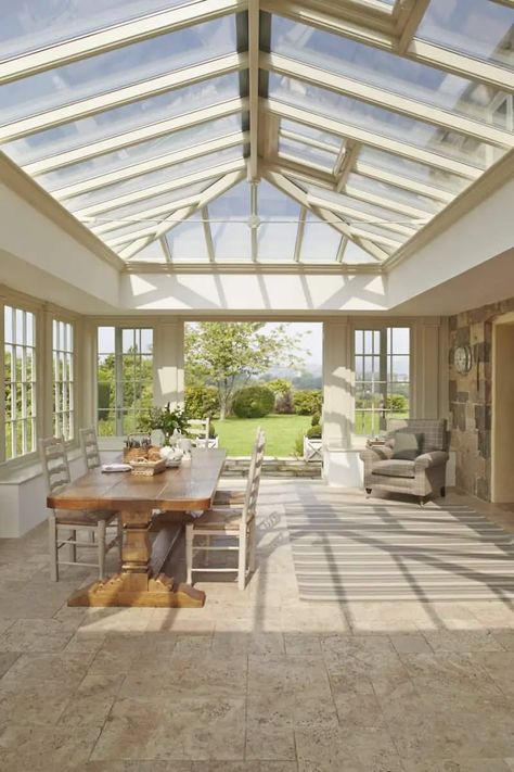 Wooden Orangery Extension in Wiltshire - David Salisbury Sunroom Window Ideas, Orangery Interior, Sunroom Dining Room, Modern Sunroom, Kitchen Orangery, Large Sunroom, Farmhouse Sunroom, Sunroom Dining, Orangery Extension