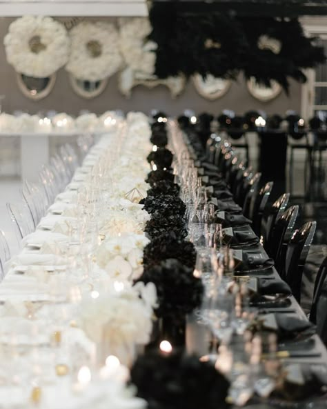 Black And White Ball Decorations, Black And White Event Decor, Persephone Wedding, Monochrome Party, All Black Party, Wedding Guest Table, White Table Settings, Az Wedding, Black And White Wedding Theme