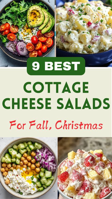 These cottage cheese salads are a game-changer for healthy, high-protein meals! Featuring fresh ingredients and easy-to-make recipes, they’re perfect for quick lunches or light dinners. Try these healthy cottage cheese salads for fall, winter ot christmas Cottage Cheese Easy Recipe, Chicken Salad Made With Cottage Cheese, How To Eat Cottage Cheese Healthy, Cottage Cheese Egg Salad Avocado, Cottage Cheese For Lunch, Fall Cottage Cheese Recipes, Healthy Recipes Cottage Cheese, Salmon And Cottage Cheese, Cottage Cheese Chickpea Salad