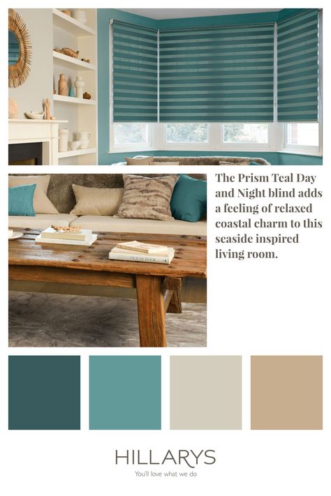 Breathe new life in to your living room with the Prism Teal blind. Day and Night blinds are a great way to maintain privacy and control light level. They can be operated with a standard pull-cord or chain, or via remote control with our clever motorisation. View our range of Day & Night Blinds. Teal And Cream Living Room, Blue Cream Living Room, Blue And Cream Living Room, Day And Night Blinds, Olive Living Rooms, Cream Living Room, Blue Gray Paint Colors, Teal Living Rooms, Blue Interiors