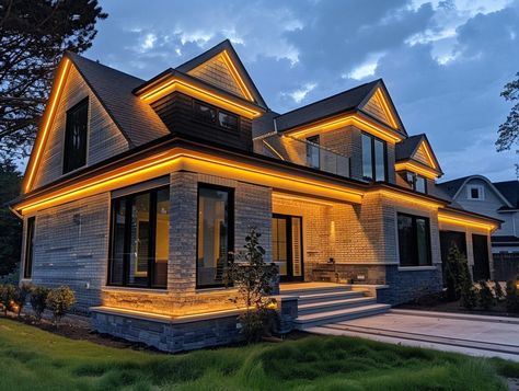 21 Modern Front of the House Lighting Ideas | Garden.Lighting Christmas Lights Outdoor Ideas House, Outdoor Home Lighting Ideas, Security Lights Outdoor Ideas, Exterior House Lighting Ideas, House Exterior Lighting Ideas, Exterior Lights On House, Front House Lighting Ideas, Exterior Lighting On House At Night, House Lighting Exterior